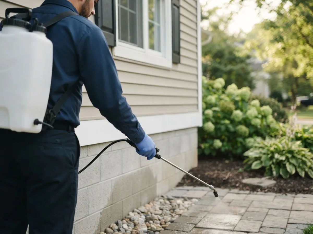 Pest control technician inspecting a home in Universal, IN